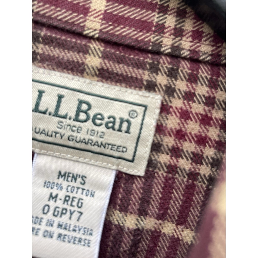 LL Bean Mens Plaid Button Down Shirt Burgundy Tan Cotton Long Sleeve M-REG - Picture 4 of 6